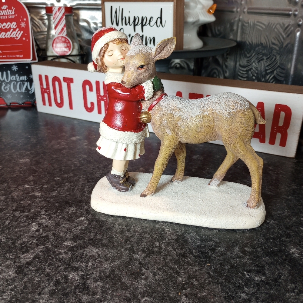 Home For The Holidays Girl Kissing Deer Figurine Glitter Snow Christmas Holiday